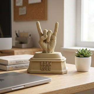 Born Loud (Rock Hand) desk trophy on a home office desk