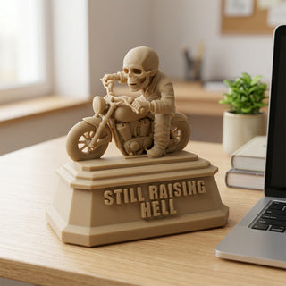 Still Raising Hell (Biker) desk trophy on a home office desk