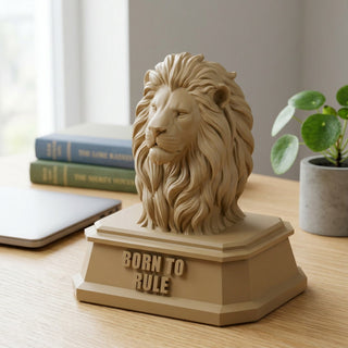 Born to Rule (Lion Head) desk trophy on a home office desk