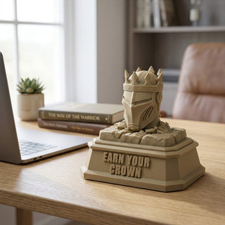 Earn Your Crown (Knight) desk trophy on a home office desk