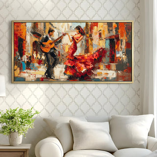 Flamenco Guitar and Dance in Spanish Plaza Wall Art, HD Canvas Print, Golden Floater Framed, Ready to Hang, (4 ft x 2 ft) (MUS007)