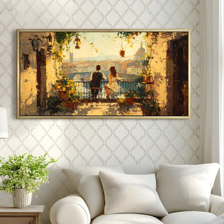 Florence Balcony at Sunset – Romantic Scene Wall Art, HD Canvas Print, Golden Floater Framed, Ready to Hang, (24 In x 48 In) (COWA06)