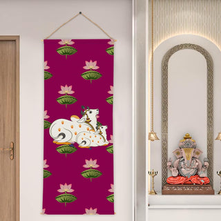 Indian Pichwai Art | Holy Cow & Tree Wall Hanging Tapestry – Decorative Wall Art for Home, Pooja Room, Office & Meditation Room – Size: 24 x 60 Inches. (SPRTPS030)