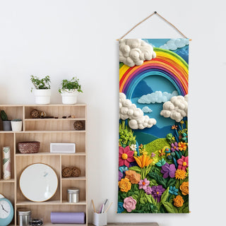 Colorful Rainbow & Flower Tapestry – Nursery Wall Hanging – Decorative Wall Art for Kids room – Size: 24 x 60 Inches (KIDS07)