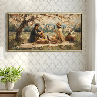 Countryside Picnic Romance – Romantic Scene Wall Art, HD Canvas Print, Golden Floater Framed, Ready to Hang, (24 In x 48 In) (COWA10)