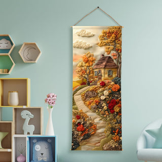 Fall House Scenic Tapestry – Rustic Autumn Wall Hanging – Decorative Wall Art for Kids room – Size: 24 x 60 Inches (KIDS02)