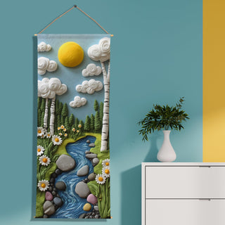 Kids Felt Nature Tapestry - Cute Sunny Forest & River Wall Hanging – Decorative Wall Art for Kids room – Size: 24 x 60 Inches (KIDS08)