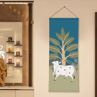 Indian Pichwai Art | Holy Cow & Tree Wall Hanging Tapestry – Decorative Wall Art for Home, Pooja Room, Office & Meditation Room – Size: 24 x 60 Inches. (SPRTPS031)