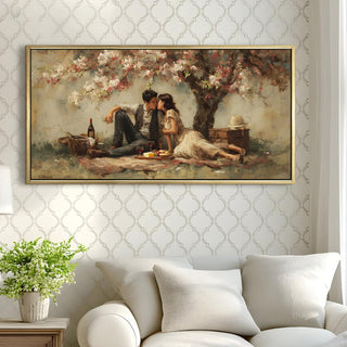 Springtime Picnic Romance – Romantic Scene Wall Art, HD Canvas Print, Golden Floater Framed, Ready to Hang, (24 In x 48 In) (COWA09)