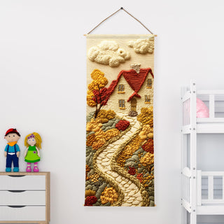 Fall House Scenic Tapestry – Rustic Autumn Wall Hanging – Decorative Wall Art for Kids room – Size: 24 x 60 Inches (KIDS01)