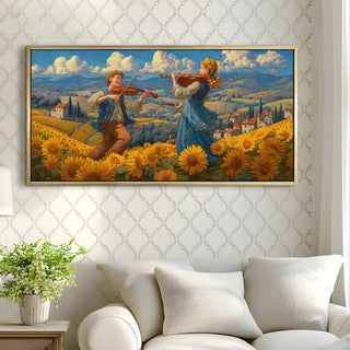 Folk Musicians on Tuscan Hilltop – Framed HD Canvas Print Wall Art, Sunset Melody Scene – Ready to Hang – Size: 4 Ft x 2 Ft (MUS001)