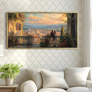 Florence Balcony at Sunset – Romantic Scene Wall Art, HD Canvas Print, Golden Floater Framed, Ready to Hang, (24 In x 48 In) (COWA07)