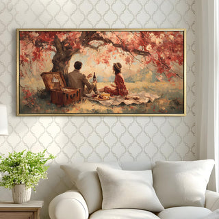 Cherry Blossom Picnic in the Countryside – Romantic Spring Scene Wall Art, HD Canvas Print, Golden Floater Framed, Ready to Hang, (24 In x 48 In) (COWA03)