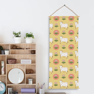 Indian Pichwai Art | Holy Cow & Tree Wall Hanging Tapestry – Decorative Wall Art for Home, Pooja Room, Office & Meditation Room – Size: 24 x 60 Inches. (SPRTPS029)