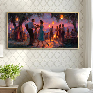 Twilight Dance Under Lanterns – Romantic Scene Wall Art, HD Canvas Print, Golden Floater Framed, Ready to Hang, (24 In x 48 In) (COWA11)