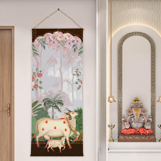 Indian Pichwai Art | Holy Cow & Tree Wall Hanging Tapestry – Decorative Wall Art for Home, Pooja Room, Office & Meditation Room – Size: 24 x 60 Inches. (SPRTPS024)