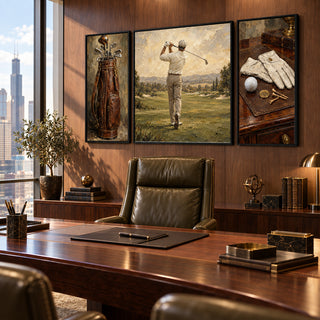 Classic Golf golf canvases seen at an angle behind an executive desk and leather chair