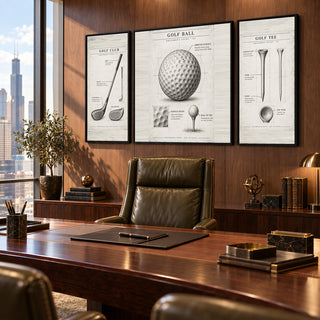 Vintage Golf Studies golf canvases seen at an angle behind an executive desk and leather chair