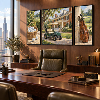 American Country Club golf canvases seen at an angle behind an executive desk and leather chair