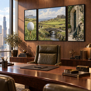 European Coastal Links golf canvases seen at an angle behind an executive desk and leather chair