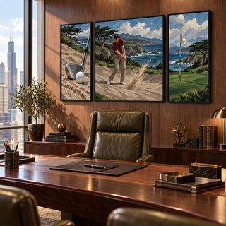 Coastal Bunker golf canvases seen at an angle behind an executive desk and leather chair
