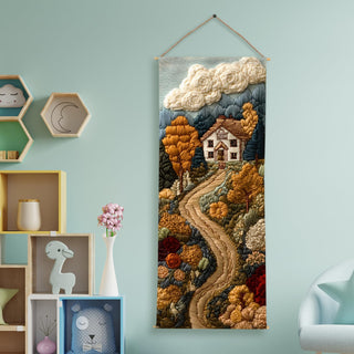 Fall House Scenic Tapestry – Rustic Autumn Wall Hanging – Decorative Wall Art for Kids room – Size: 24 x 60 Inches (KIDS06)