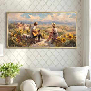Folk Musicians on Tuscan Hilltop – Romantic Scene Wall Art, HD Canvas Print, Golden Floater Framed, Ready to Hang, (24 In x 48 In) (COWA12)