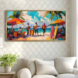 Reggae Band on Caribbean Beach – Large HD Canvas Painting for Wall, Joyful Performance in Layered – Ready to Hang – Size: 4 Ft x 2 Ft (MUS003)