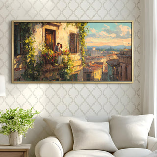 Balcony Romance Overlooking the City – Romantic Scene Wall Art, HD Canvas Print, Golden Floater Framed, Ready to Hang, (24 In x 48 In) (COWA08)