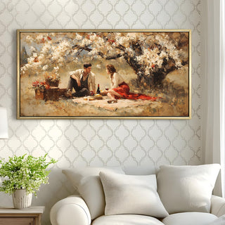 Whispers Beneath the Blossoms – Romantic Couple Picnic Painting Wall Art, HD Canvas Print, Golden Floater Framed, Ready to Hang, (24 In x 48 In) (COWA01)
