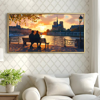 Paris Street Artist at Sunset – Romantic Scene Wall Art, HD Canvas Print, Golden Floater Framed, Ready to Hang, (24 In x 48 In) (COWA05)