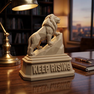 Keep Rising (Lion) desk trophy on an executive desk