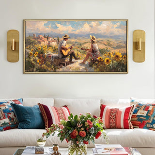 Folk Musicians on Tuscan Hilltop – Romantic Scene Wall Art, HD Canvas Print, Golden Floater Framed, Ready to Hang, (24 In x 48 In) (COWA12)