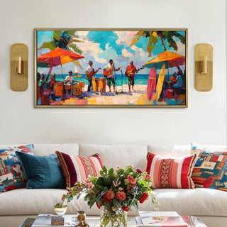 Reggae Band on Caribbean Beach – Large HD Canvas Painting for Wall, Joyful Performance in Layered – Ready to Hang – Size: 4 Ft x 2 Ft (MUS003)