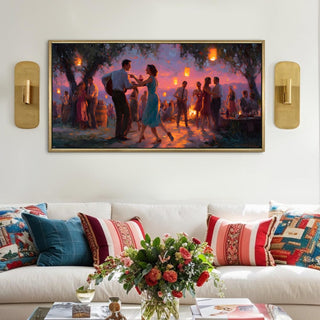 Twilight Dance Under Lanterns – Romantic Scene Wall Art, HD Canvas Print, Golden Floater Framed, Ready to Hang, (24 In x 48 In) (COWA11)