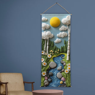 Kids Felt Nature Tapestry - Cute Sunny Forest & River Wall Hanging – Decorative Wall Art for Kids room – Size: 24 x 60 Inches (KIDS08)