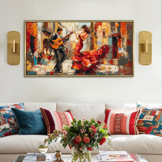 Flamenco Guitar and Dance in Spanish Plaza Wall Art, HD Canvas Print, Golden Floater Framed, Ready to Hang, (4 ft x 2 ft) (MUS007)