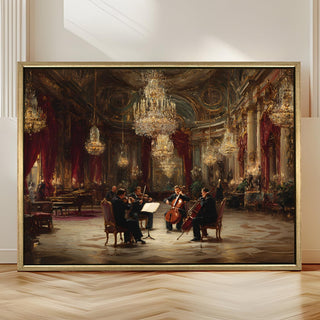 Classical Quartet in Grand Hall Painting – Golden Framed HD Canvas Print – Ready to Hang – Wall Art for Living Room, Bedroom – Size: 4 Ft x 3 Ft (MUS006)