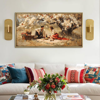 Whispers Beneath the Blossoms – Romantic Couple Picnic Painting Wall Art, HD Canvas Print, Golden Floater Framed, Ready to Hang, (24 In x 48 In) (COWA01)