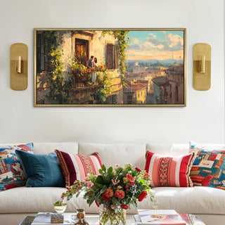 Balcony Romance Overlooking the City – Romantic Scene Wall Art, HD Canvas Print, Golden Floater Framed, Ready to Hang, (24 In x 48 In) (COWA08)