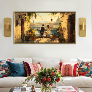 Florence Balcony at Sunset – Romantic Scene Wall Art, HD Canvas Print, Golden Floater Framed, Ready to Hang, (24 In x 48 In) (COWA06)