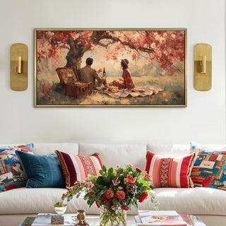 Cherry Blossom Picnic in the Countryside – Romantic Spring Scene Wall Art, HD Canvas Print, Golden Floater Framed, Ready to Hang, (24 In x 48 In) (COWA03)