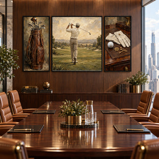 Classic Golf golf triptych above a polished boardroom table