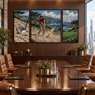Coastal Bunker golf triptych above a polished boardroom table