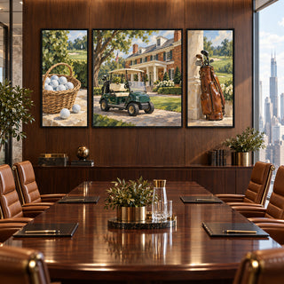 American Country Club golf triptych above a polished boardroom table