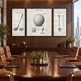 Vintage Golf Studies golf triptych above a polished boardroom table