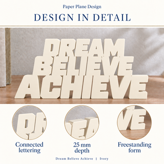 Dream Believe Achieve desk letters design in detail