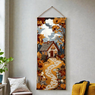 Fall House Scenic Tapestry – Rustic Autumn Wall Hanging – Decorative Wall Art for Kids room – Size: 24 x 60 Inches (KIDS05)