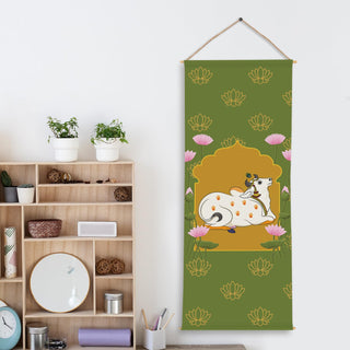 Indian Pichwai Art | Holy Cow & Tree Wall Hanging Tapestry – Decorative Wall Art for Home, Pooja Room, Office & Meditation Room – Size: 24 x 60 Inches. (SPRTPS026)