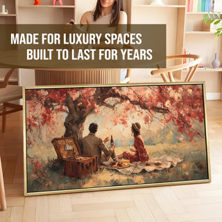 Cherry Blossom Picnic in the Countryside – Romantic Spring Scene Wall Art, HD Canvas Print, Golden Floater Framed, Ready to Hang, (24 In x 48 In) (COWA03)
